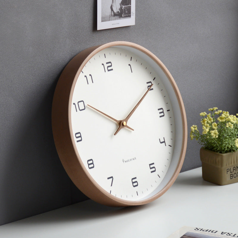 Minimalist Circular Wall Clock with Wooden Frame Flush Mount