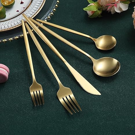 Gold Stainless Steel Cutlery Set with Forks, Knives, and Spoons for Dining Table Use