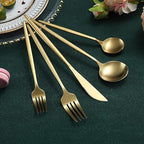 Gold Stainless Steel Cutlery Set with Forks, Knives, and Spoons for Dining Table Use