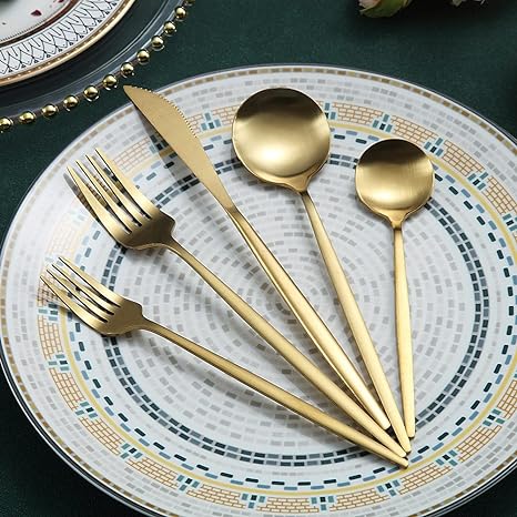 Gold Stainless Steel Cutlery Set with Forks, Knives, and Spoons for Dining Table Use