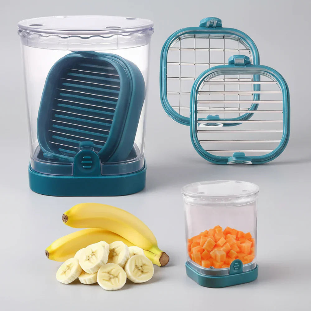 Manual Fruit Slicer with Collection Container and Interchangeable Blades