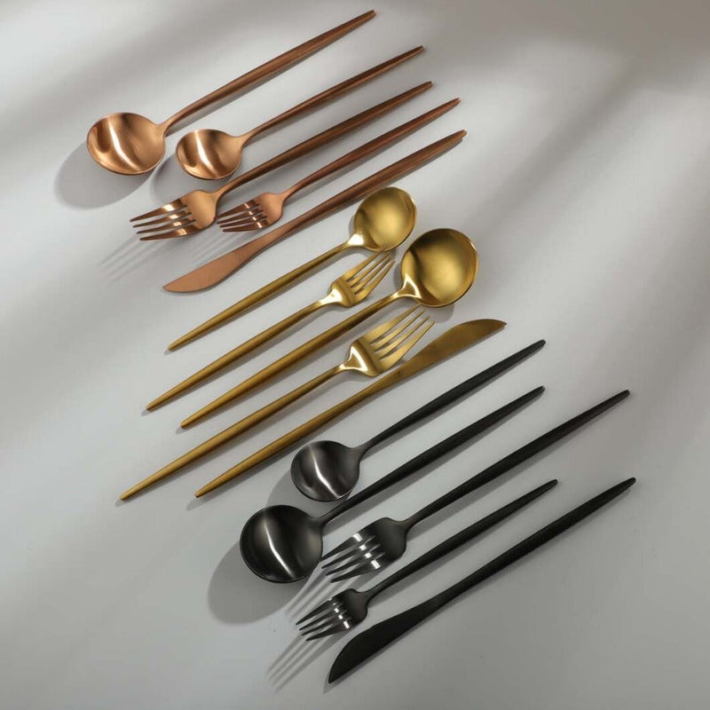 Gold Stainless Steel Cutlery Set with Forks, Knives, and Spoons for Dining Table Use