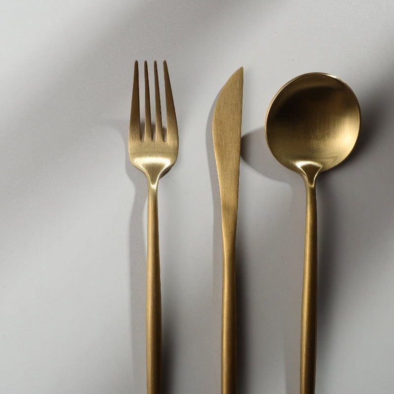Gold Stainless Steel Cutlery Set with Forks, Knives, and Spoons for Dining Table Use