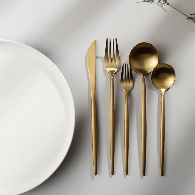 Gold Stainless Steel Cutlery Set with Forks, Knives, and Spoons for Dining Table Use