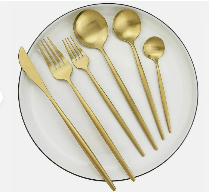 Gold Stainless Steel Cutlery Set with Forks, Knives, and Spoons for Dining Table Use