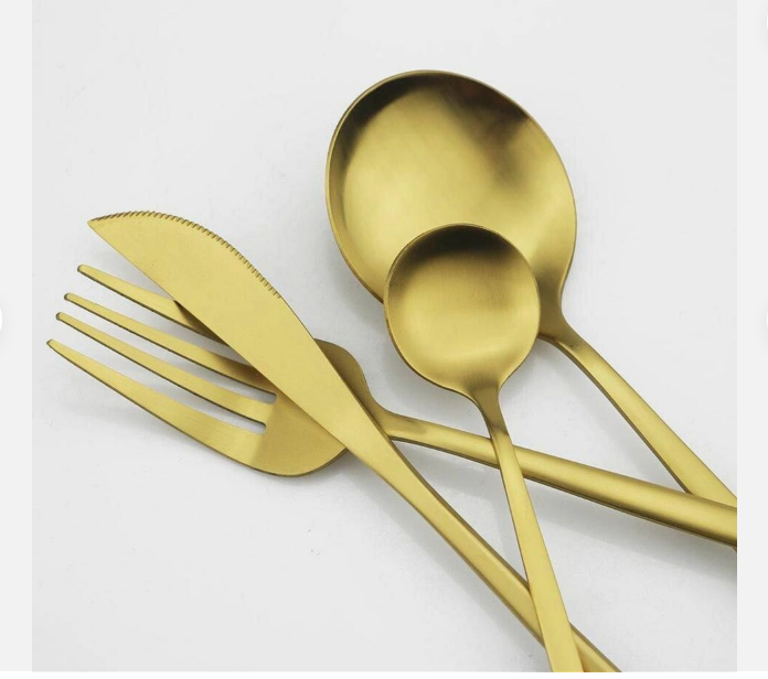 Gold Stainless Steel Cutlery Set with Forks, Knives, and Spoons for Dining Table Use
