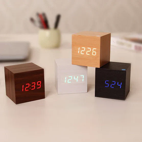 Cube Wooden LED Digital Alarm Clock with Hidden Display