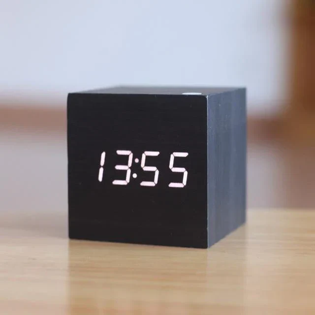 Cube Wooden LED Digital Alarm Clock with Hidden Display