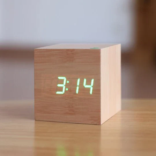 Cube Wooden LED Digital Alarm Clock with Hidden Display