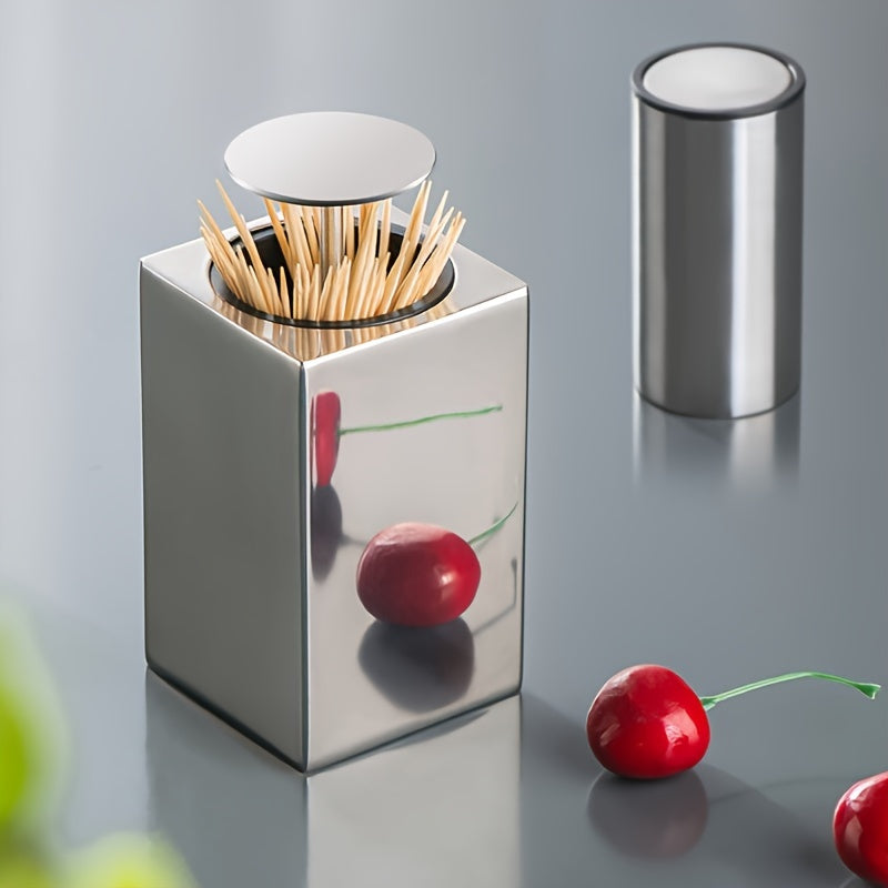 Stainless Steel Toothpick Dispenser with Push Button for Hygienic Table Use