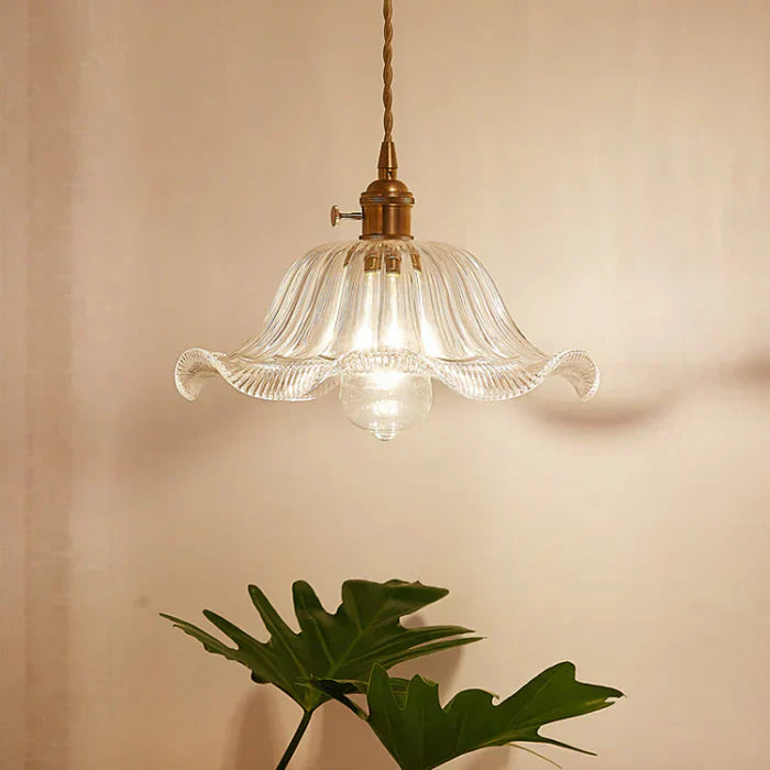 Glass Pendant Light with Ribbed Shade for Ceiling Lighting