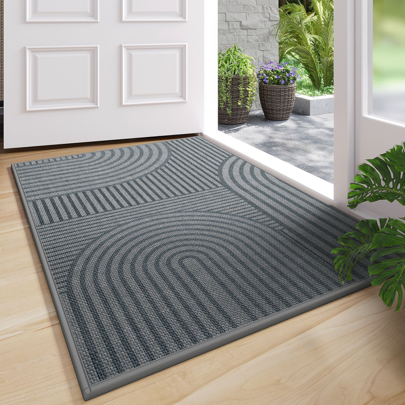 Rectangular Door Mat with Geometric Line Pattern for Home