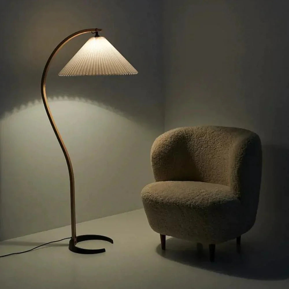 Wooden Floor Lamp with Curved Arm and Pleated Shade