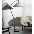 Wooden Floor Lamp with Curved Arm and Pleated Shade