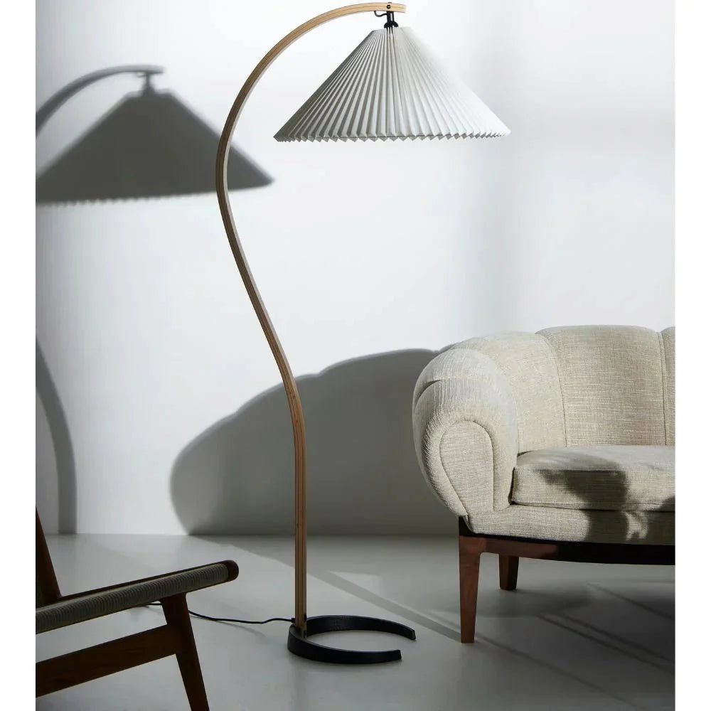 Wooden Floor Lamp with Curved Arm and Pleated Shade