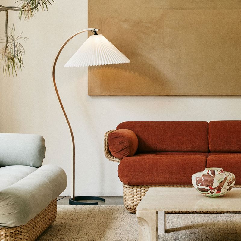 Wooden Floor Lamp with Curved Arm and Pleated Shade